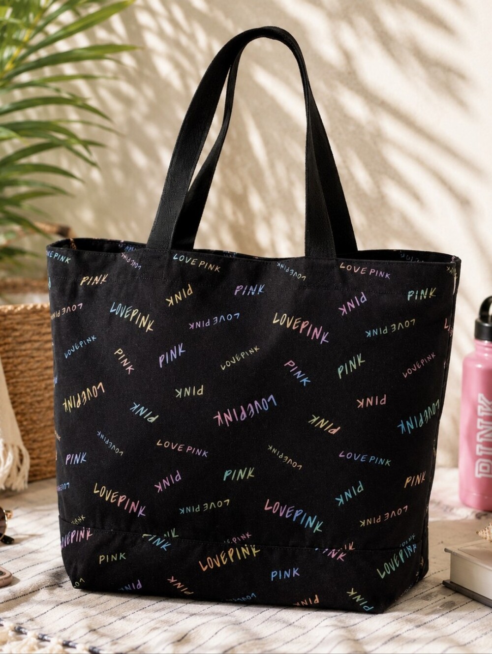 Victoria's Secret Black Weekender Tote With Multicolor 'Love Pink' Logos